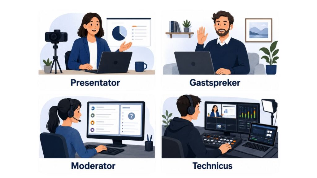 Vier rollen tijdens een webinar.