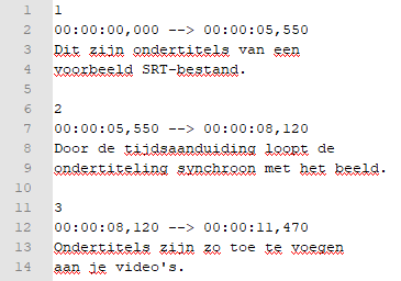 De inhoud van een SRT-bestand, met tijdcodes en de ondertitels.