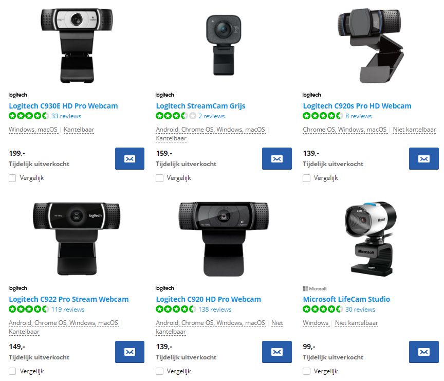 Alle webcams zijn uitverkocht. Prijzen zijn soms verdubbeld.